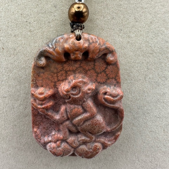 Coral Fossil Monkey Pendant Necklace Sterling Silver Accent on Adjustable Rope - Picture 3 of 9